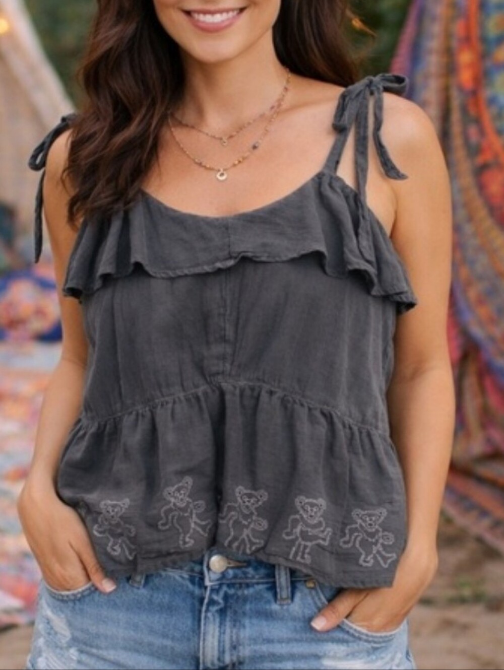 Lucky Brand/Grateful Dead  Peach Ruffle Tie-Shoulder Tank